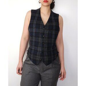 Vintage wool v neck plaid button down vest women charcoal, dark navy